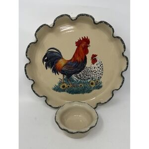 Home & Garden Party Stoneware Rooster 13" Chip & Dip Set MADE IN USA 2004
